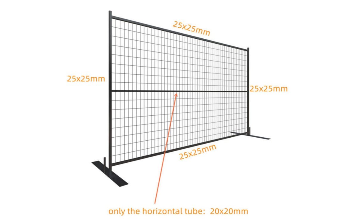 Diagram of a 6 by 10 welded wire temporary fence panel on steel stands, with 25 by 25 millimeter frame tubing